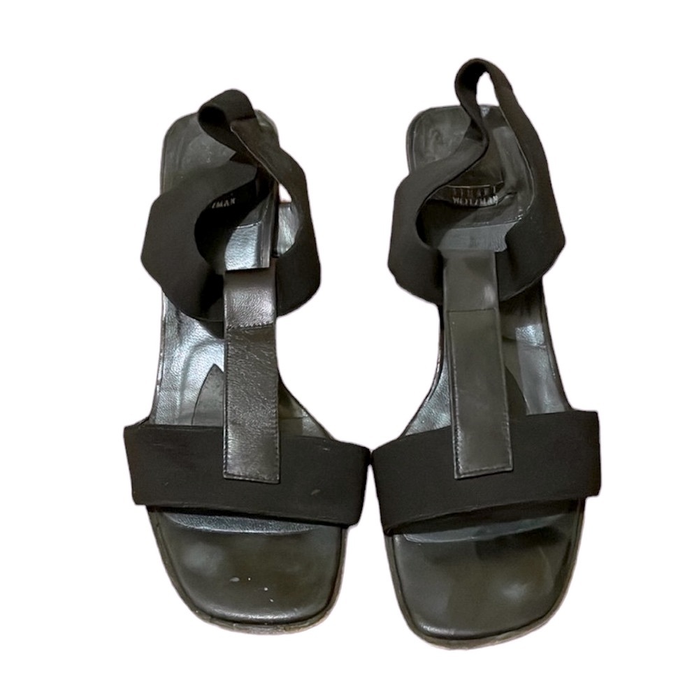 Stuart Weitzman leather and silk slingback sandal with stacked heel. 7.5 GUC